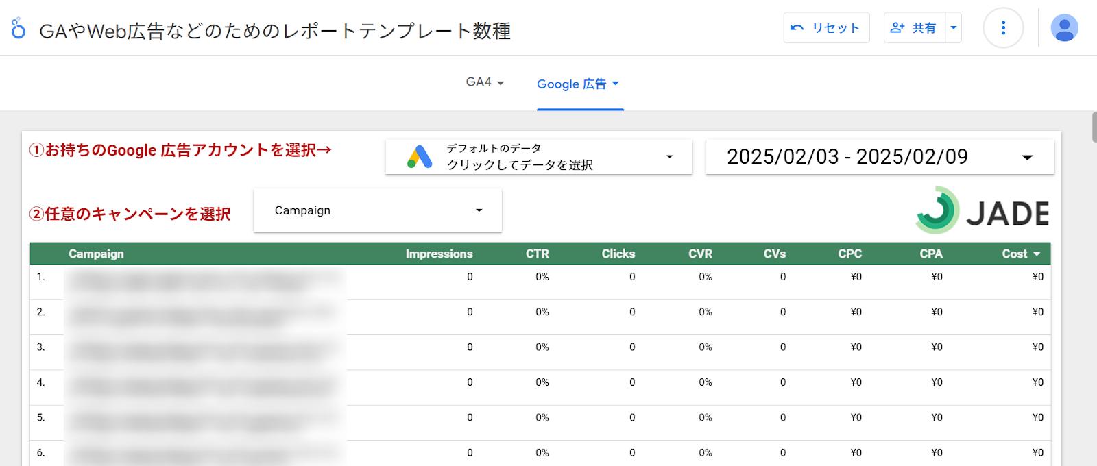 "Screenshot of a Google Ads report template for GA and web advertising. The interface displays options to select a Google Ads account and a campaign. The table contains campaign performance metrics, including impressions, CTR, clicks, CVR, CVs, CPC, CPA, and cost. The data shown in the table consists of zero values. The date range selected is February 3, 2025, to February 9, 2025. The JADE logo is visible in the top-right corner." 
