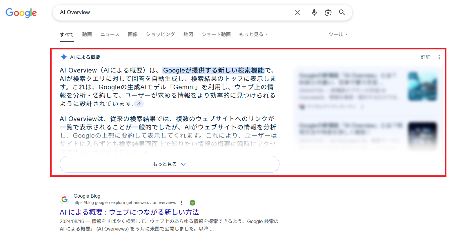 Screenshot of Google search results showing an AI Overview box at the top, explaining Google's new AI-powered search feature that summarizes web content using the Gemini model.